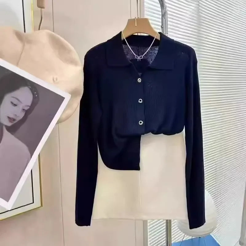 POLO lapel cashmere knit cardigan women's spring and autumn thin loose sweater short wool coat-9