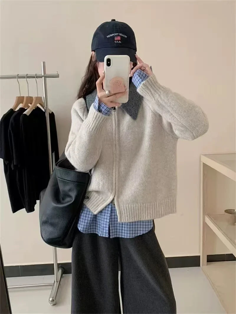 Color-blocked lapel 100% cashmere cardigan women's knitted sweater Loose sweater Wool sweater coat-7
