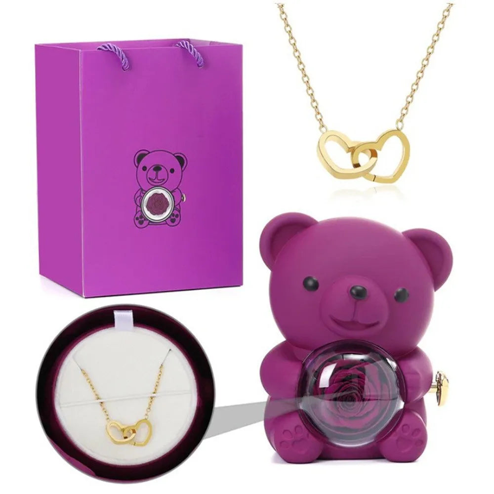 Teddy Bear Gift Box with Rose Jewelry Storage (Purple)-0
