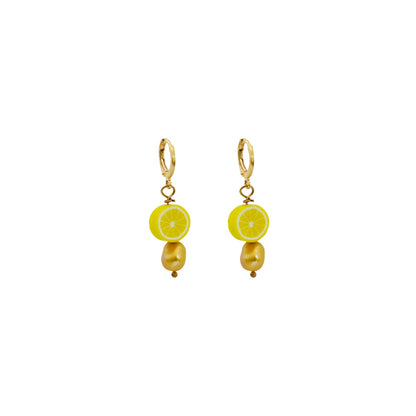 Gold freshwater pearl with lemon huggie earrings| by Ifemi Jewels-3
